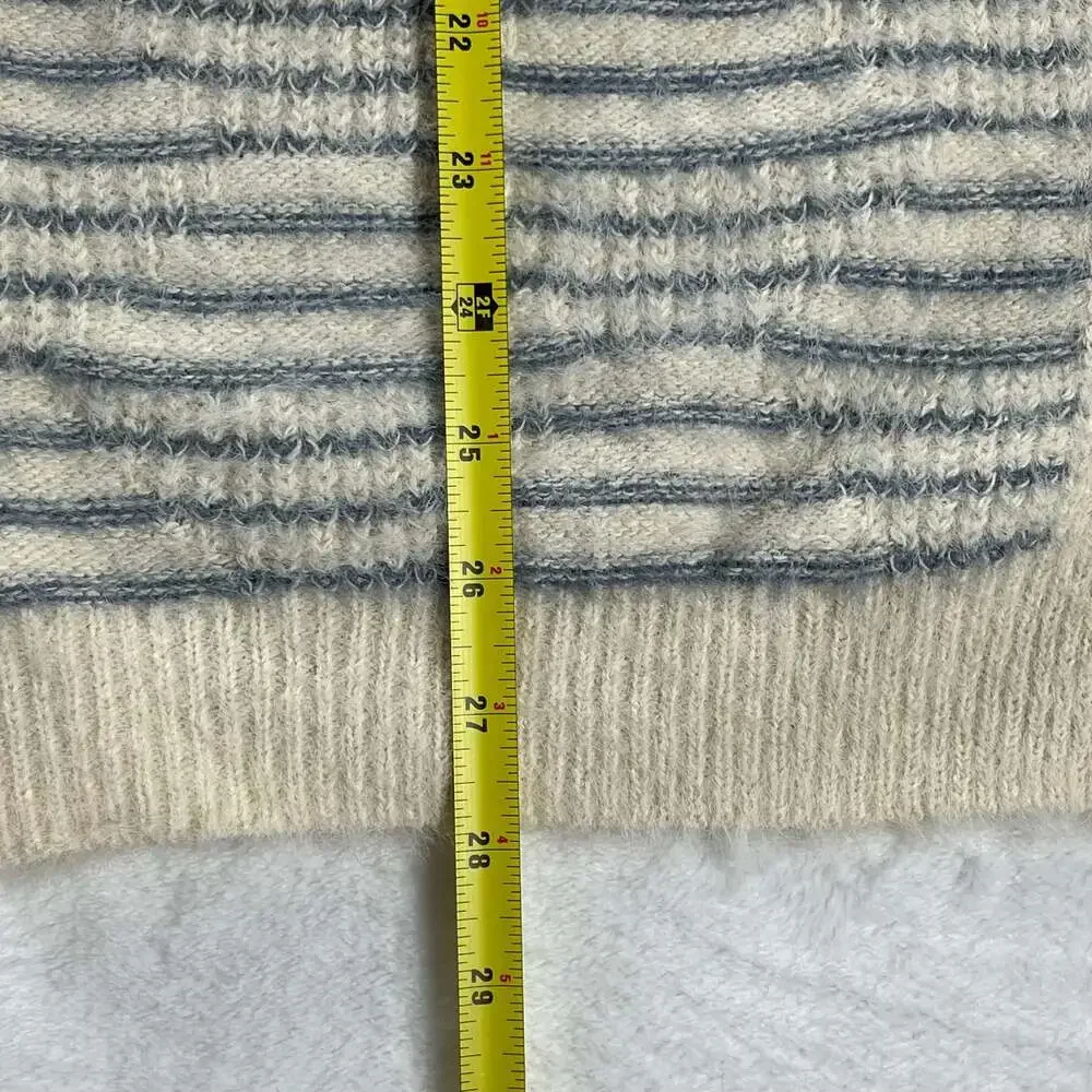 Mia & Tess Cream Blue Striped Fuzzy Open Front‎ Long Cardigan Sweater M/L